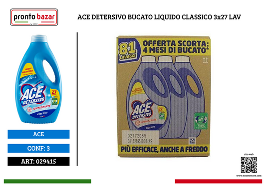 ACE DETERSIVO BUCATO LIQUIDO CLASSICO 3x27 LAV