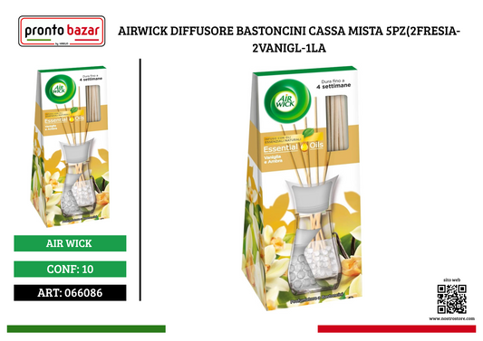 AIRWICK DIFFUSORE BASTONCINI CASSA MISTA 5PZ(2FRESIA-2VANIGL-1LA