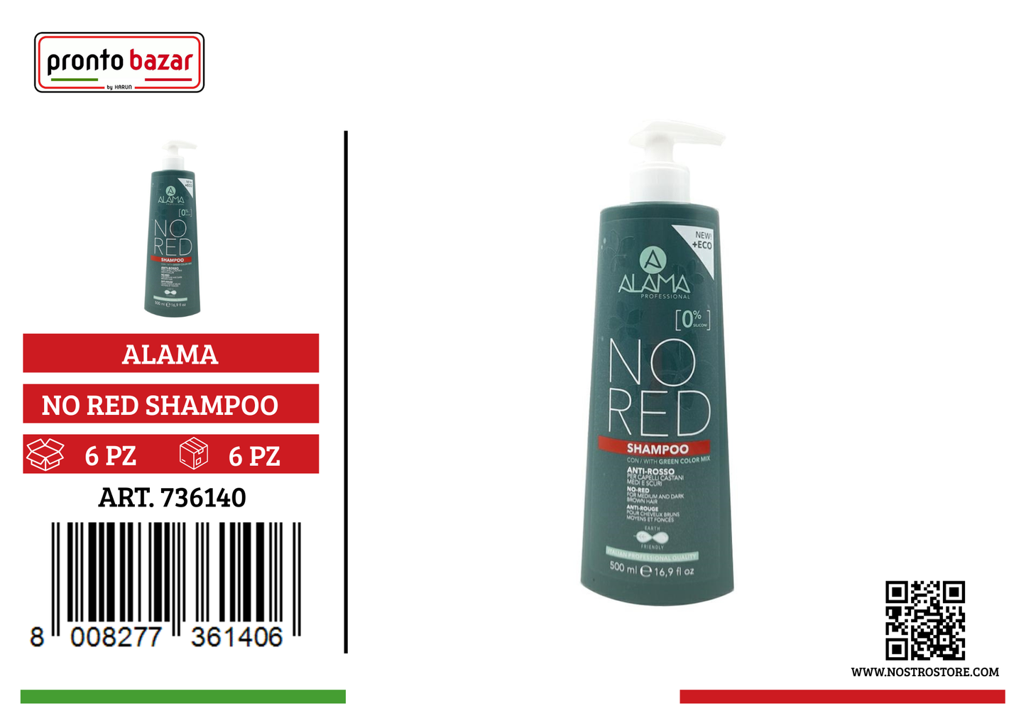 ALAMA NO RED SHAMPOO CAP.CASTANI MEDI/SCURI COLOR.E NATUR.500ML 6PZ